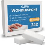 Verpakking van 24 dikke Clerby Wondersponsjes, die universeel te gebruiken zijn met alleen water.