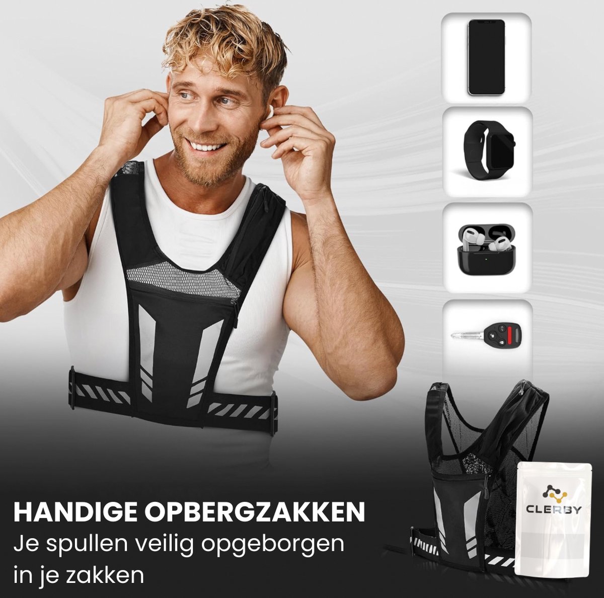 Zwart loopvest met reflecterende strepen, gedragen door een man met oortjes in. Iconen tonen telefoon, smartwatch, oortjes en sleutel.