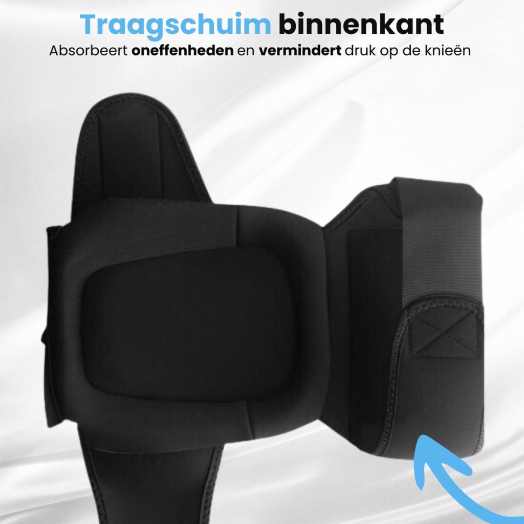 Binnenzijde van een zwarte kniebeschermer met zachte traagschuim vulling voor comfort.
