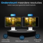 Twee schermen tonen 16:9 en 4:3 beeldresolutie met 1080p, audio & video synchronisatie, zonder storing.
