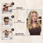 Instructies voor het gebruik van een haarroller: 1. Wikkel je haar om de roller. 2. Rol de roller volledig op. 3. Bevestig de klipjes aan elkaar. Rechts: een vrouw met volumineuze blonde lokken.