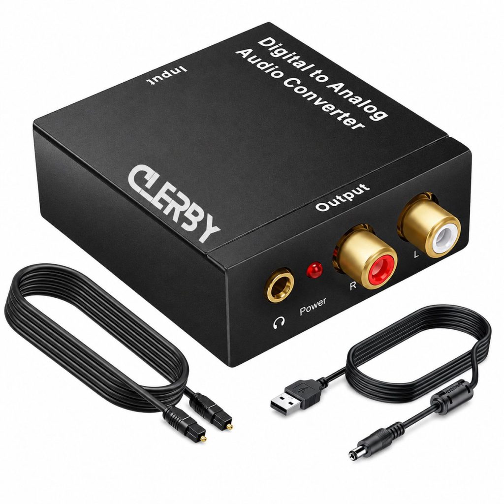 Zwarte Clerby digitaal naar analoog audioconverter met toslink, coaxiale en voedingskabels.