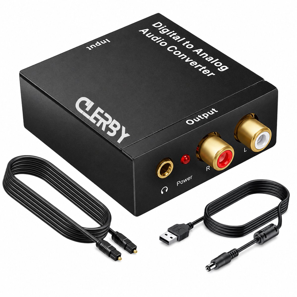 Zwarte Clerby digitaal naar analoog audioconverter met toslink, coaxiale en voedingskabels.