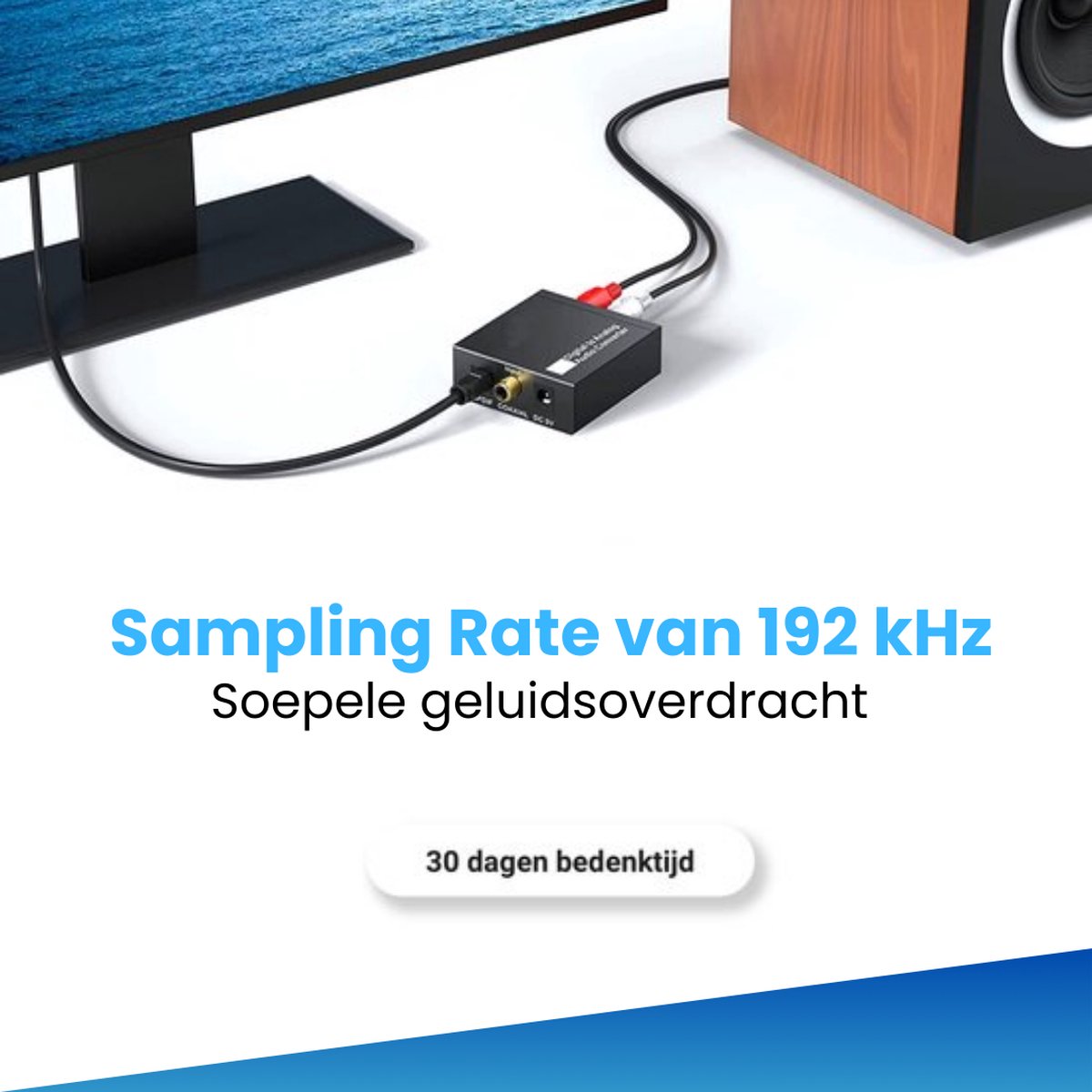 Zwarte Clerby audioconverter aangesloten op een TV en speakers, met een sampling rate van 192 kHz.