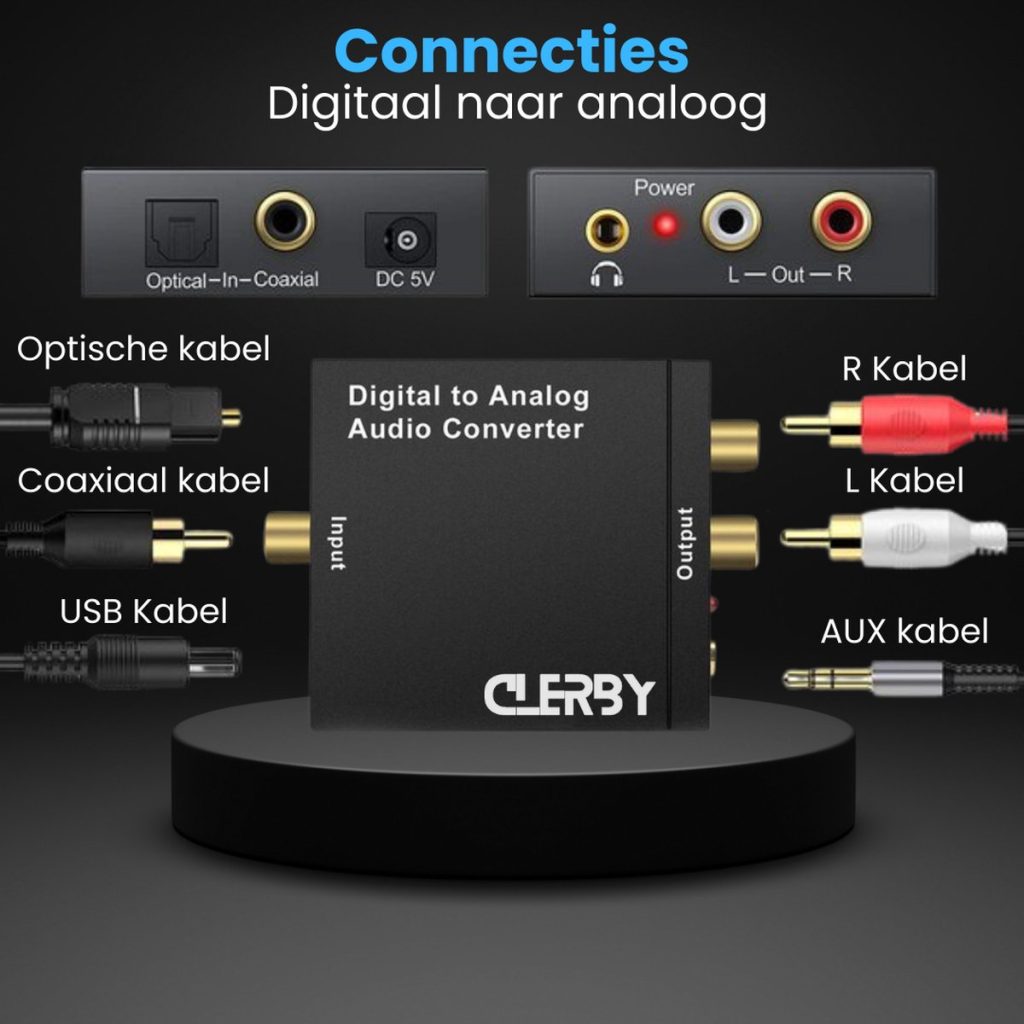 Diagram van de Clerby audioconverter, die optische, coaxiale en USB-kabels toont, als input, en R, L en AUX kabels als output.