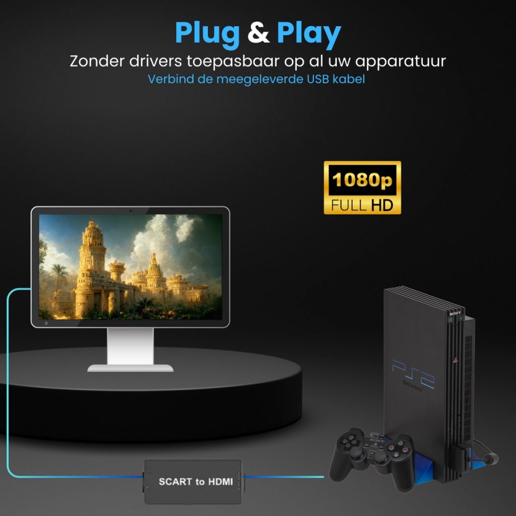 SCART naar HDMI adapter aangesloten op een monitor en een PlayStation 2 console. Plug & Play, Full HD 1080p.