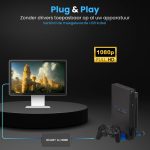SCART naar HDMI adapter aangesloten op een monitor en een PlayStation 2 console. Plug & Play, Full HD 1080p.