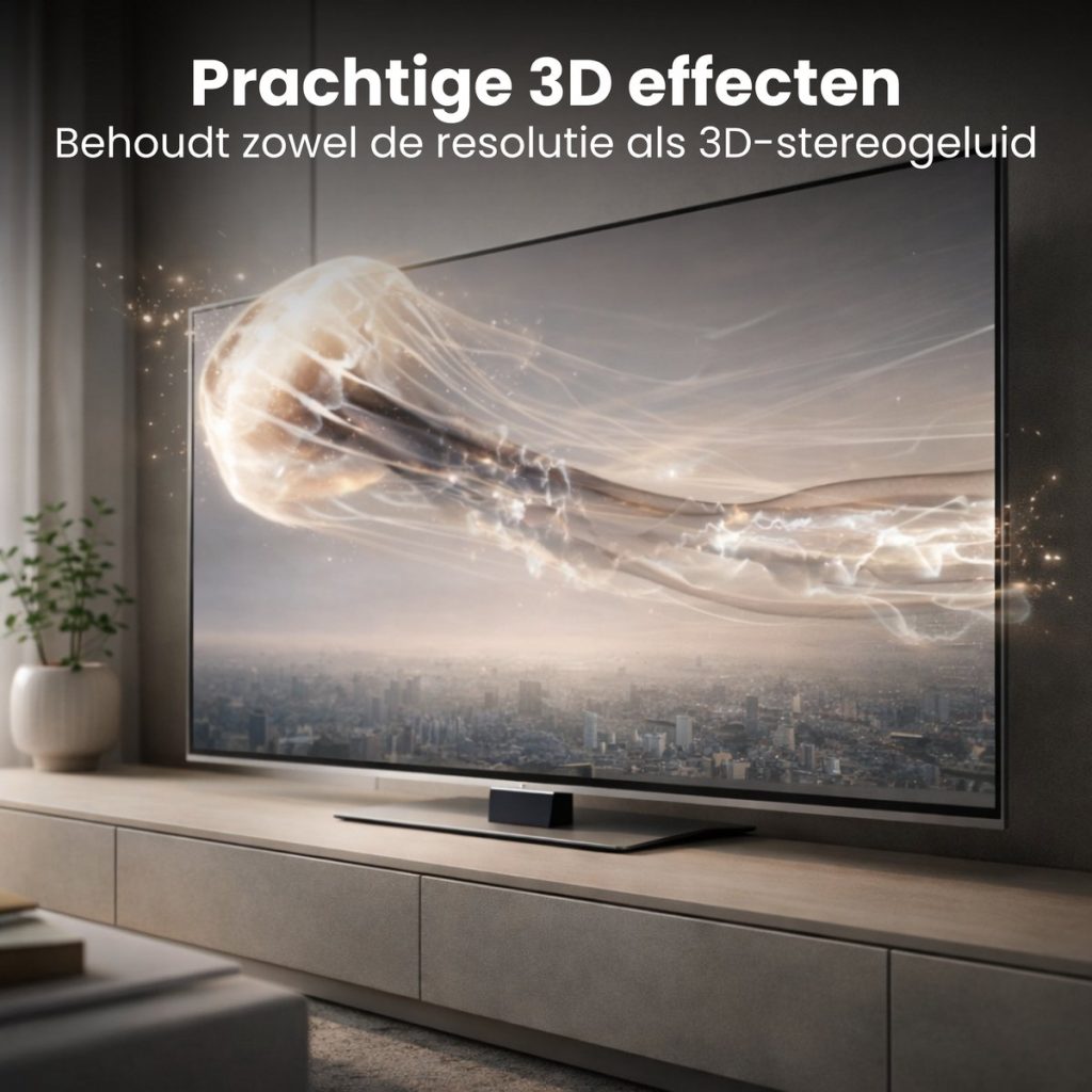 Een grote TV toont een glinsterende kwal in 3D-weergave boven een stadslandschap, met een subtiele plant op de voorgrond.