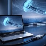 Een zilverkleurige Clerby HDMI-adapter is aangesloten op een laptop, die is verbonden met een groot scherm met een jellyfish-afbeelding.
