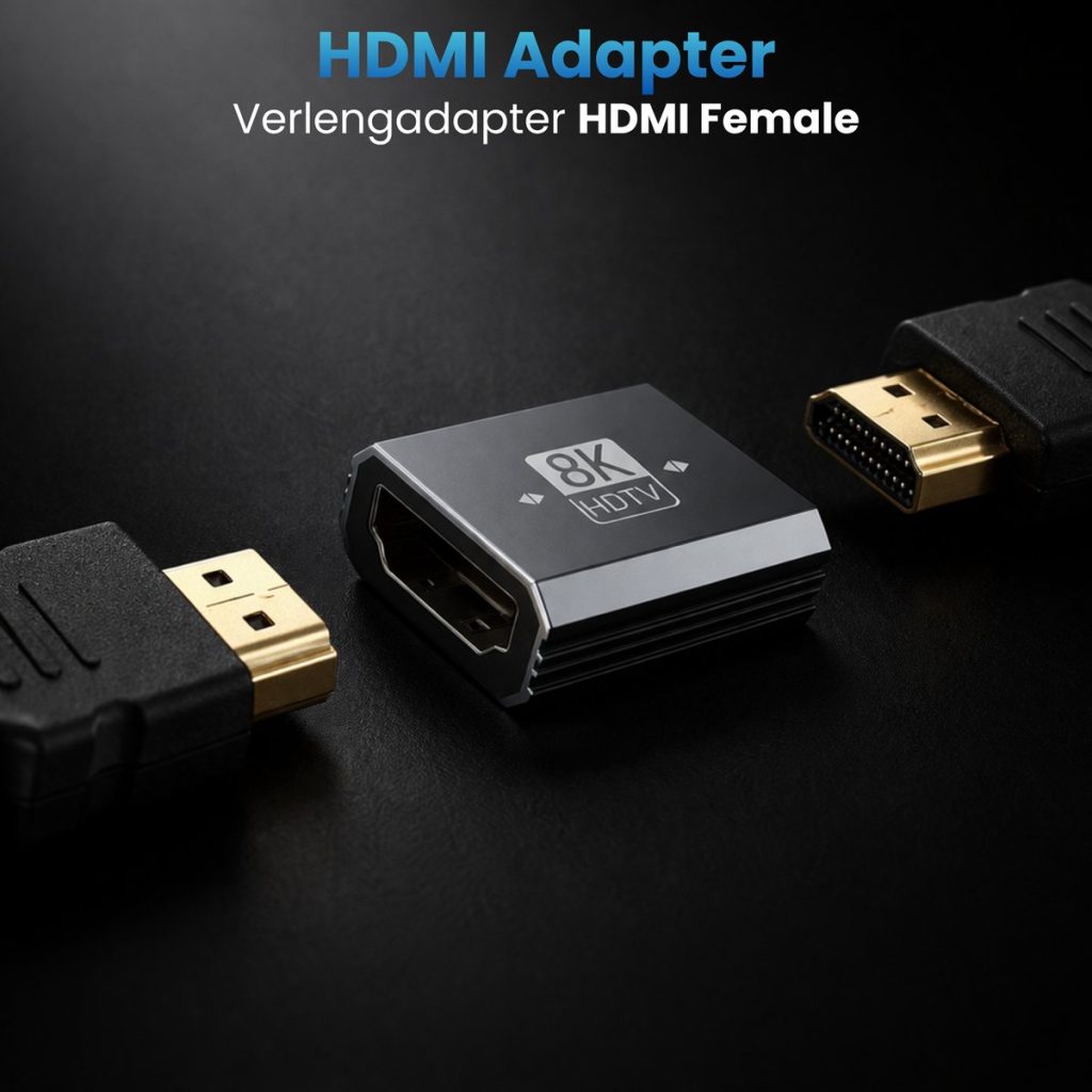 Zilverkleurige HDMI-adapter met '8K HDTV' logo, tussen twee HDMI-kabels in.