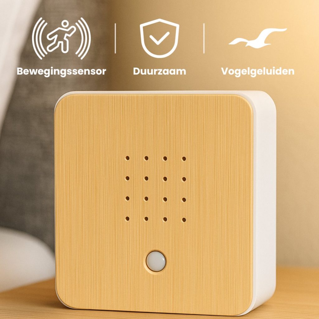 Vierkante witte en houten unit met een reeks gaatjes en een knop. Icons: Bewegingssensor, Duurzaam, Vogelgeluiden.