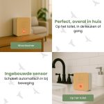 Collage met 4 afbeeldingen. Een witte en houten unit met rode lamp, in een woonkamer en badkamer. Tekst: Perfect, overal in huis. Ingebouwde sensor.