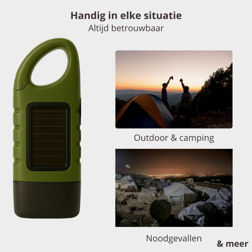 Groene zaklamp met zonnepaneel, naast een foto van kampeerders en een noodsituatie.