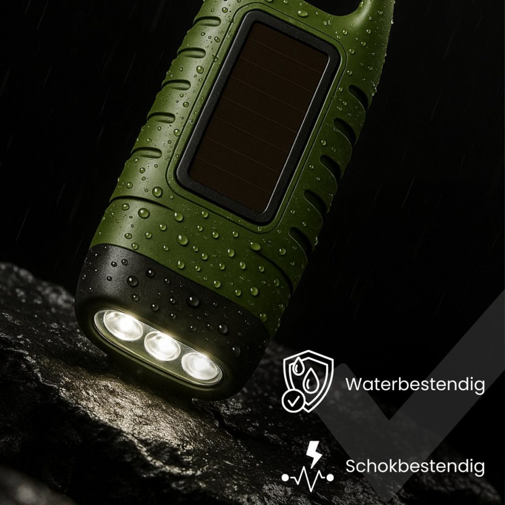 Groene, waterdichte zaklamp met 3 LED-lampen die schijnen op een steen.