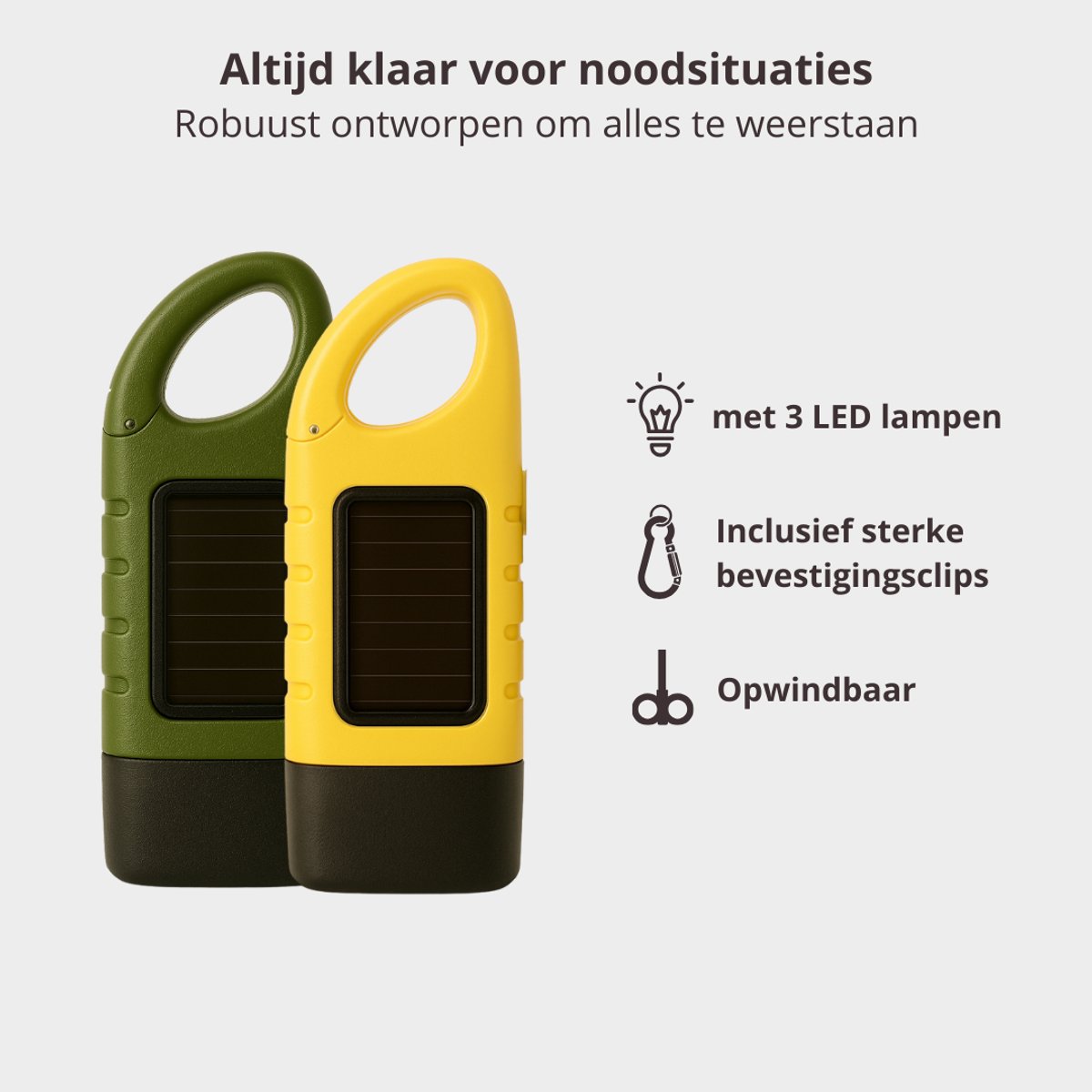 Twee zaklampen, één geel en één groen, met zonnepanelen en een handvat.