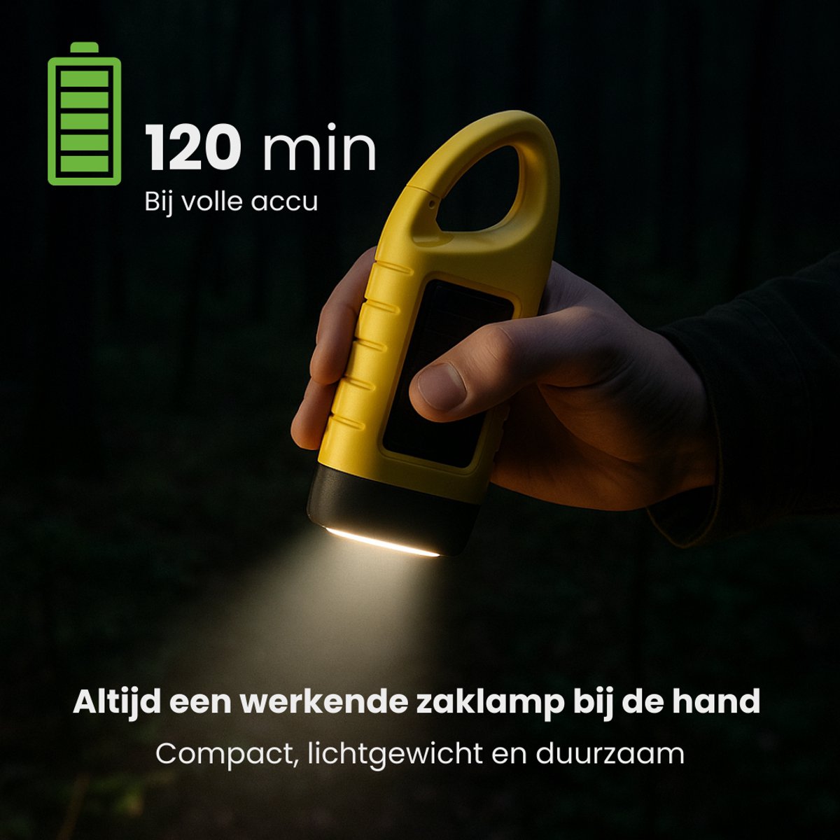 Hand die een gele zaklamp vasthoudt in het donker, met een batterij-icoon.