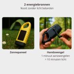 Gele zaklamp met zonnepaneel op gras bij een tent, en een hand die de dynamo opwindt.