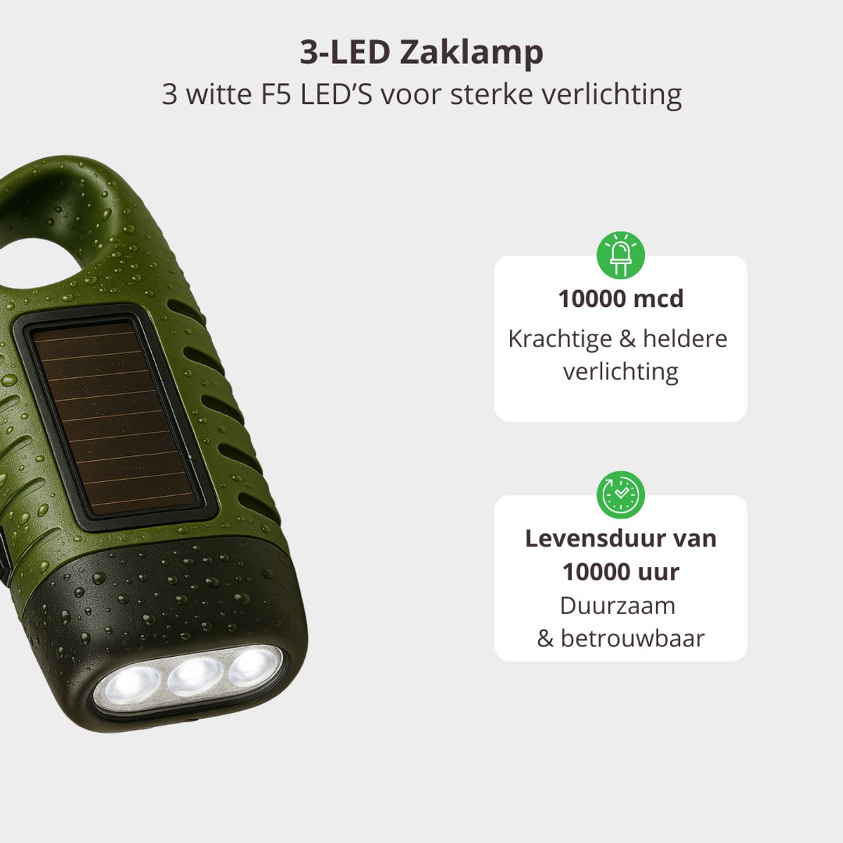 Groene zaklamp met zonnepaneel en 3 verlichte LED-lampen.