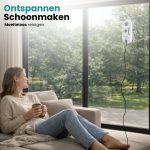 Wit robot window cleaner apparaat op een raam, een vrouw zit op een bank met een kopje.