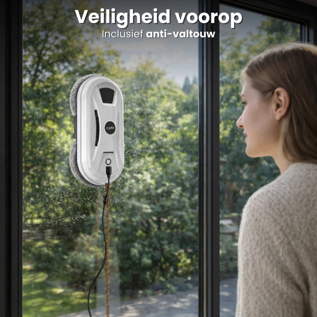 Wit robot window cleaner apparaat op een raam, met een touw, een vrouw kijkt naar buiten.