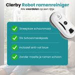 Wit robot window cleaner apparaat, met opsommingstekens "Streeploze schoonmaak", "10x Schoonmaakpads", "Inclusief anti-val touw", "Zonder moeite je ramen schoon".