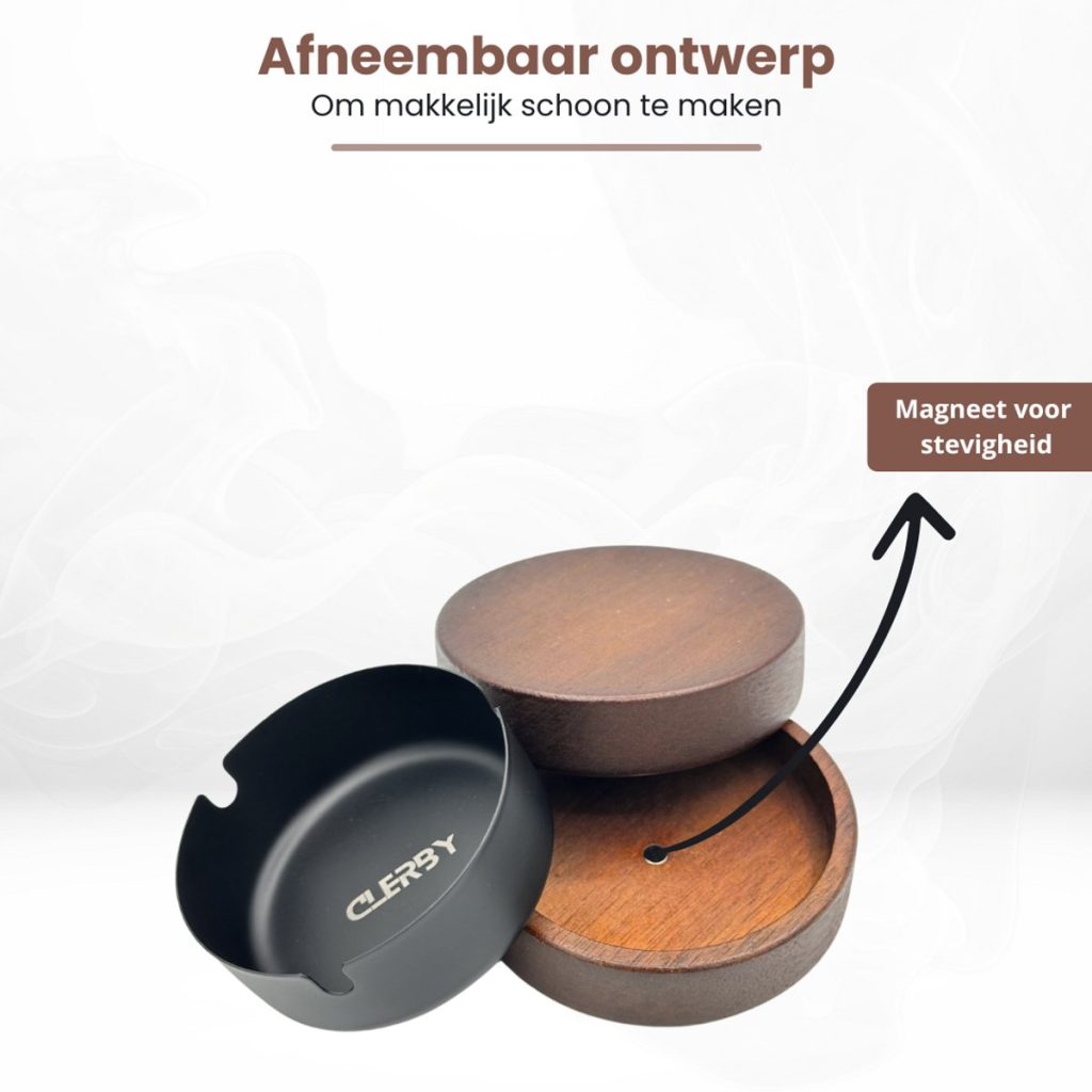 Houten asbak met magnetische sluiting en afneembaar zwart metalen inzetstuk.