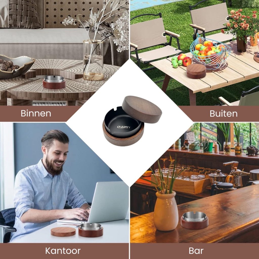 Luxe houten asbak met metalen inzet, geschikt voor binnen en buiten.