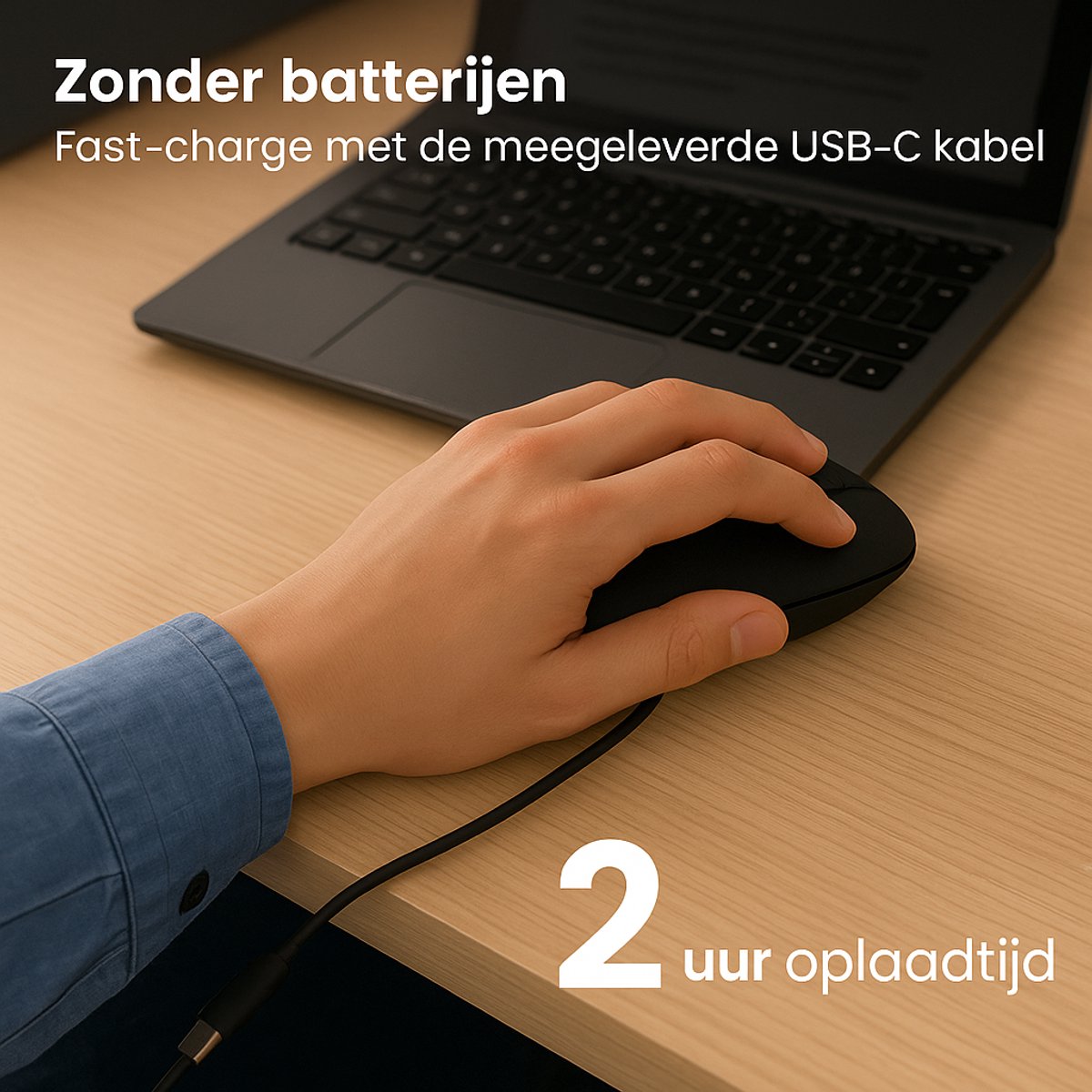 Hand bedient zwarte Clerby muis die wordt opgeladen via een USB-C kabel.