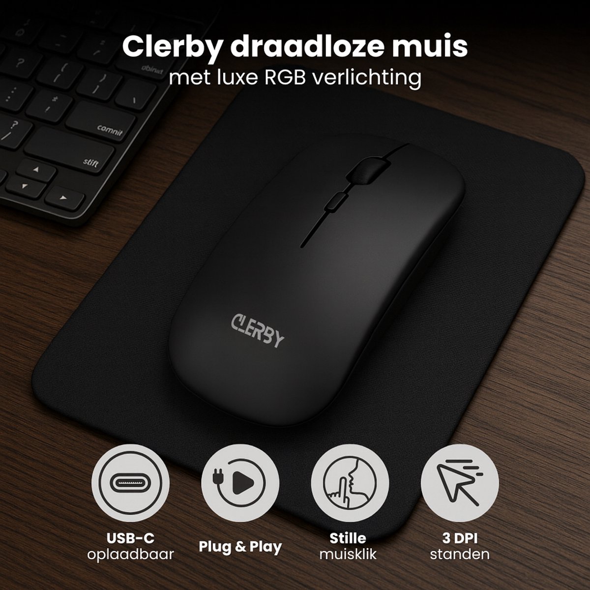 Zwarte Clerby draadloze muis met luxe RGB verlichting, op een muismat.