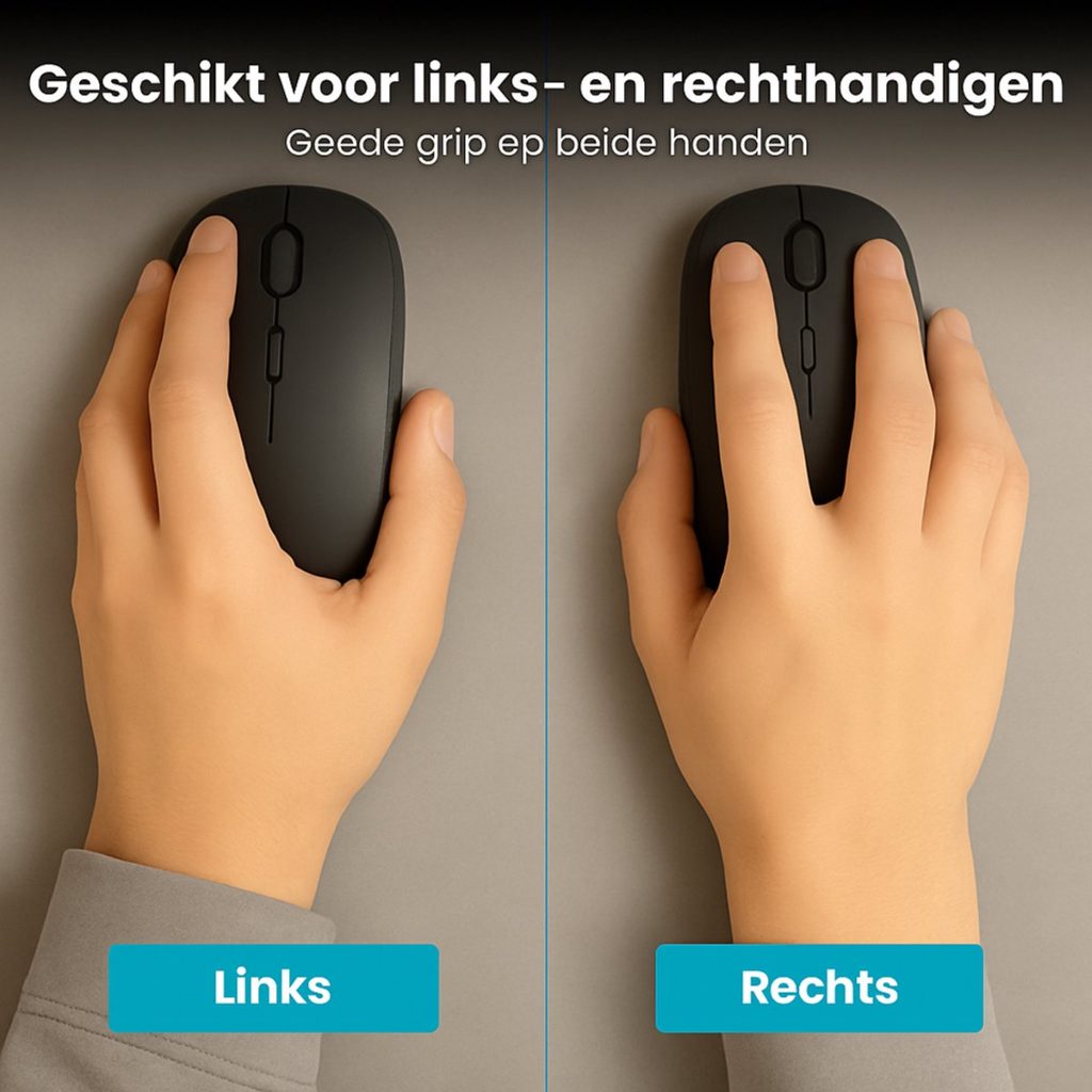 Linkerhand en rechterhand gebruiken een zwarte Clerby muis, die geschikt is voor beide.