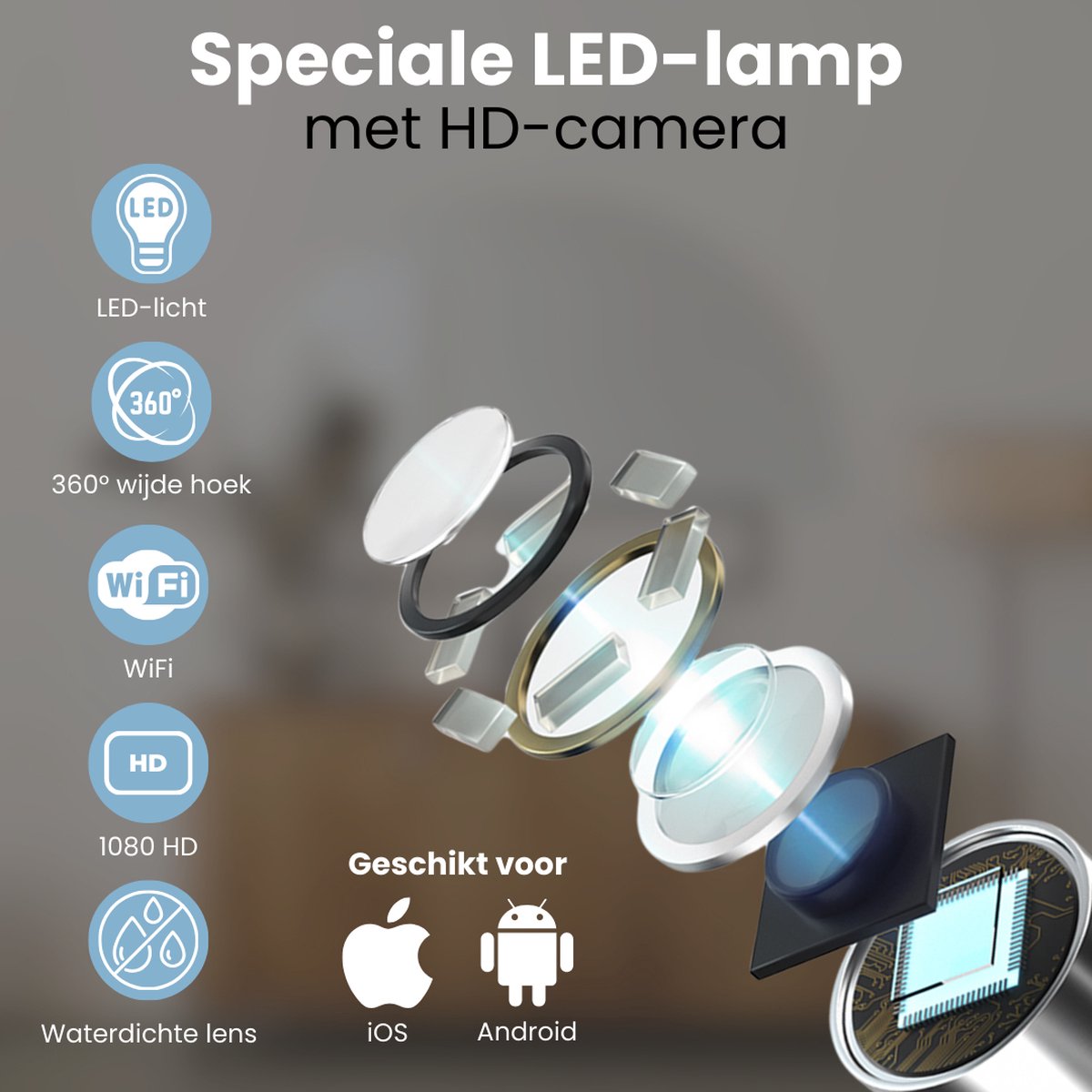 Explosietekening van de speciale LED-lamp met HD-camera, met indicaties voor LED-licht, 360° groothoek, Wifi en 1080 HD.