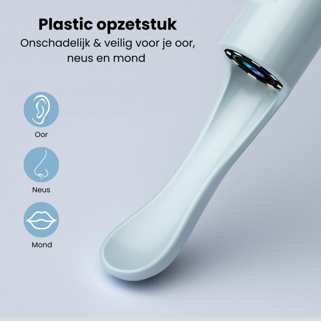 Lichtblauwe, plastic oor-, neus- en mondopzetstukken voor de oorreiniger.