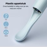 Lichtblauwe, plastic oor-, neus- en mondopzetstukken voor de oorreiniger.