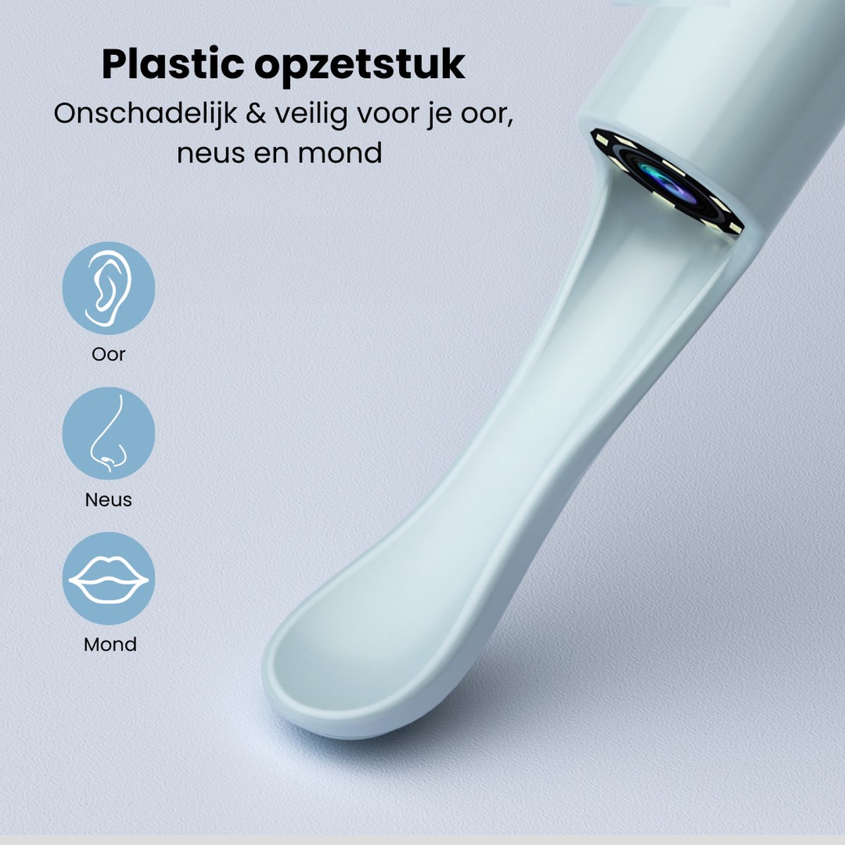 Lichtblauwe, plastic oor-, neus- en mondopzetstukken voor de oorreiniger.