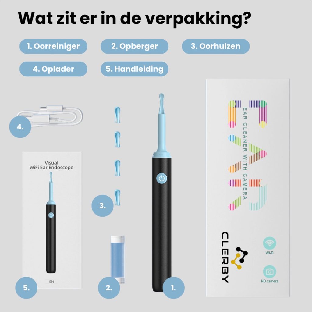 Verpakking met oorreiniger, oorhulpjes, oplaadkabel, opbergdoosje en handleiding.