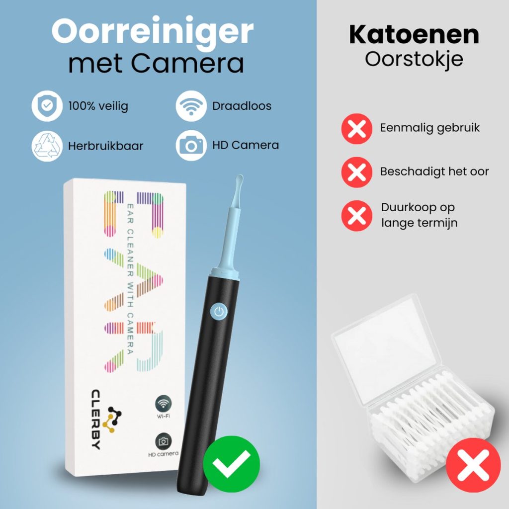 Zwarte oorreiniger met lichtblauw opzetstuk en verpakking. Vergelijking met katoenen oorstokjes.
