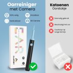 Zwarte oorreiniger met lichtblauw opzetstuk en verpakking. Vergelijking met katoenen oorstokjes.