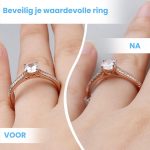 Vóór en na de ringverkleiner op een ring om de vinger. De ring zit beter met de verkleiner.