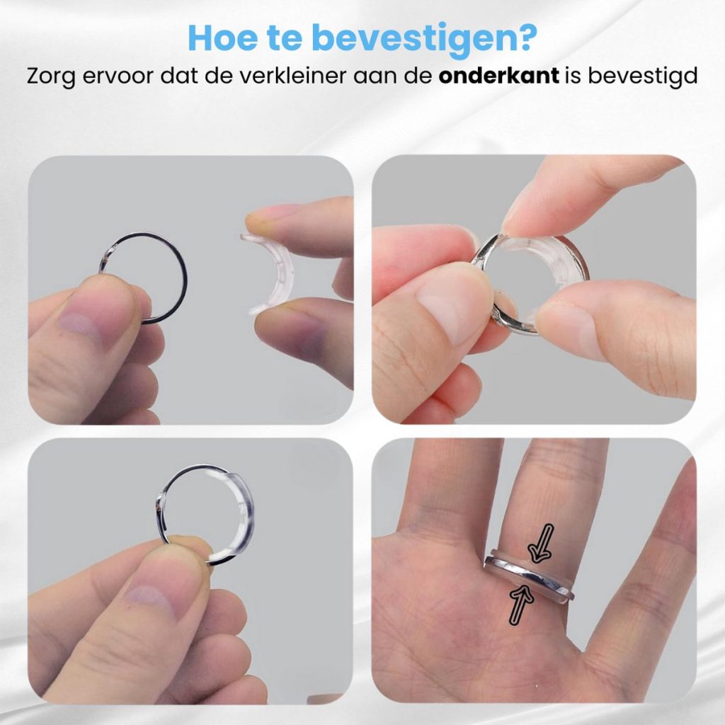 Vier afbeeldingen die de stappen tonen om een ringverkleiner te bevestigen.