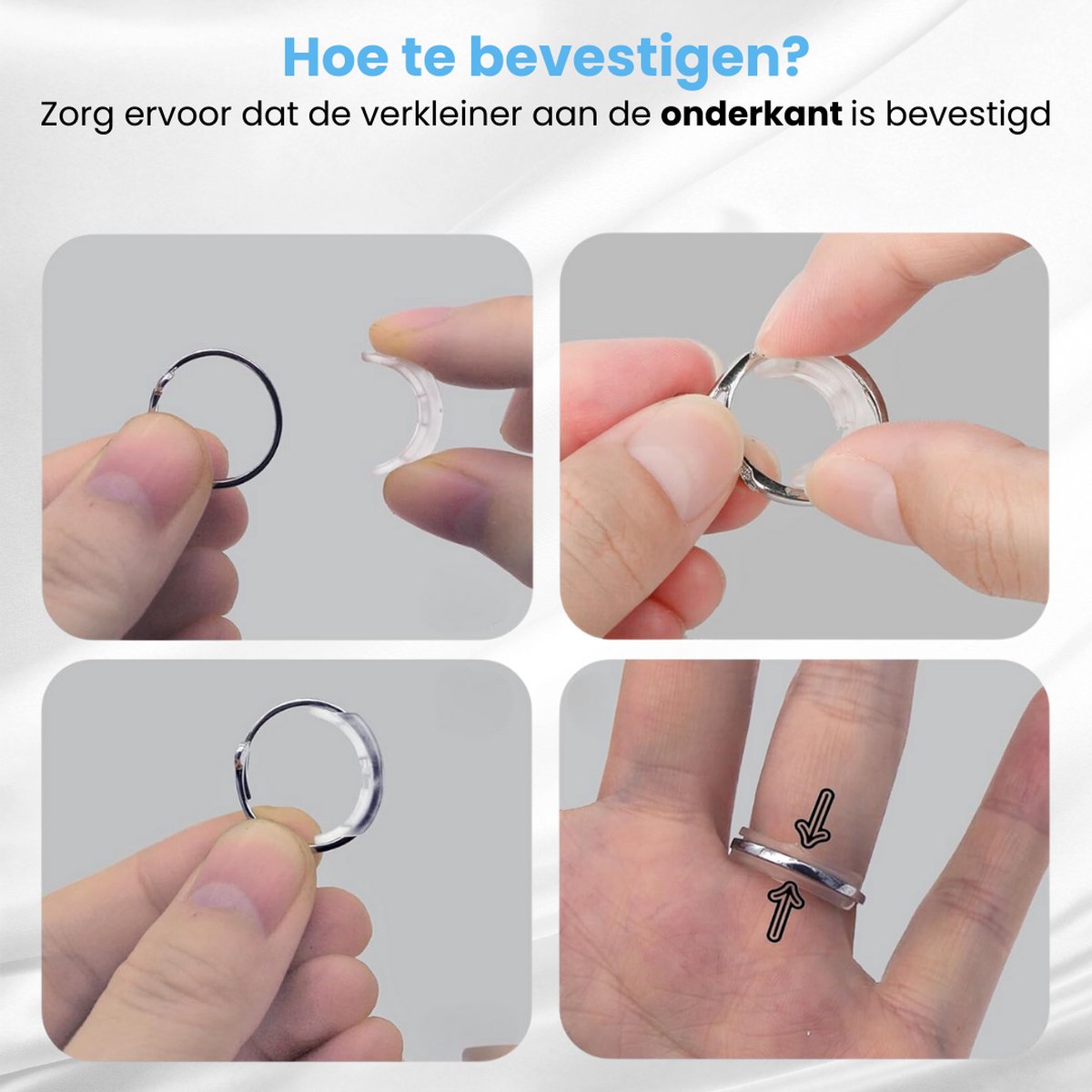 Vier afbeeldingen die de stappen tonen om een ringverkleiner te bevestigen.