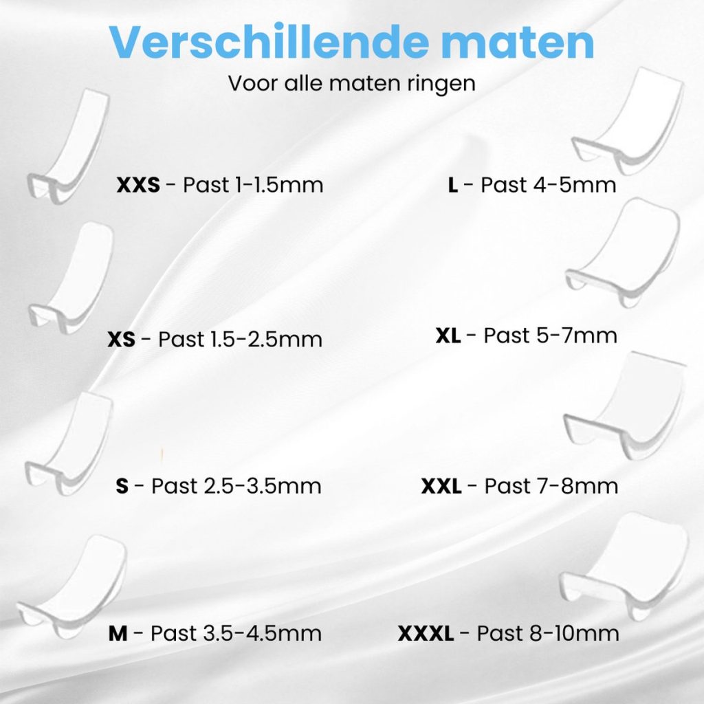 Diagram met 8 doorzichtige ringverkleiners, met de maten XXS tot XXXL en de bijbehorende ringbreedtes.