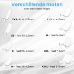 Diagram met 8 doorzichtige ringverkleiners, met de maten XXS tot XXXL en de bijbehorende ringbreedtes.