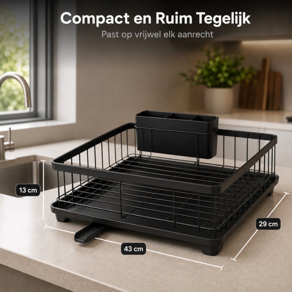 Afmetingen van een leeg zwart afdruiprek met afvoertuit, 43x29x13 cm. Compact en ruim, past op elk aanrecht.