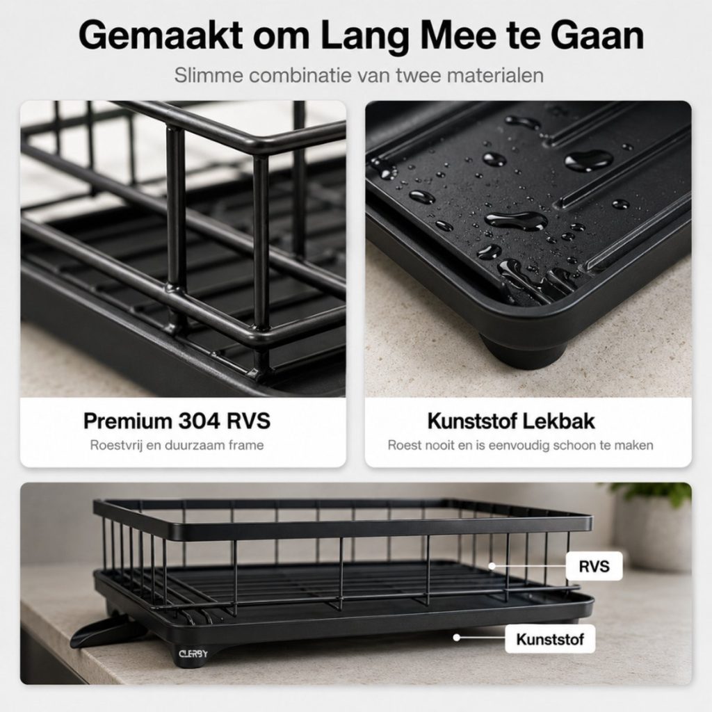 Details van een zwart afdruiprek van RVS met kunststof lekbak, roestvrij en lekvrij.