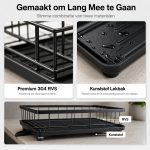 Details van een zwart afdruiprek van RVS met kunststof lekbak, roestvrij en lekvrij.
