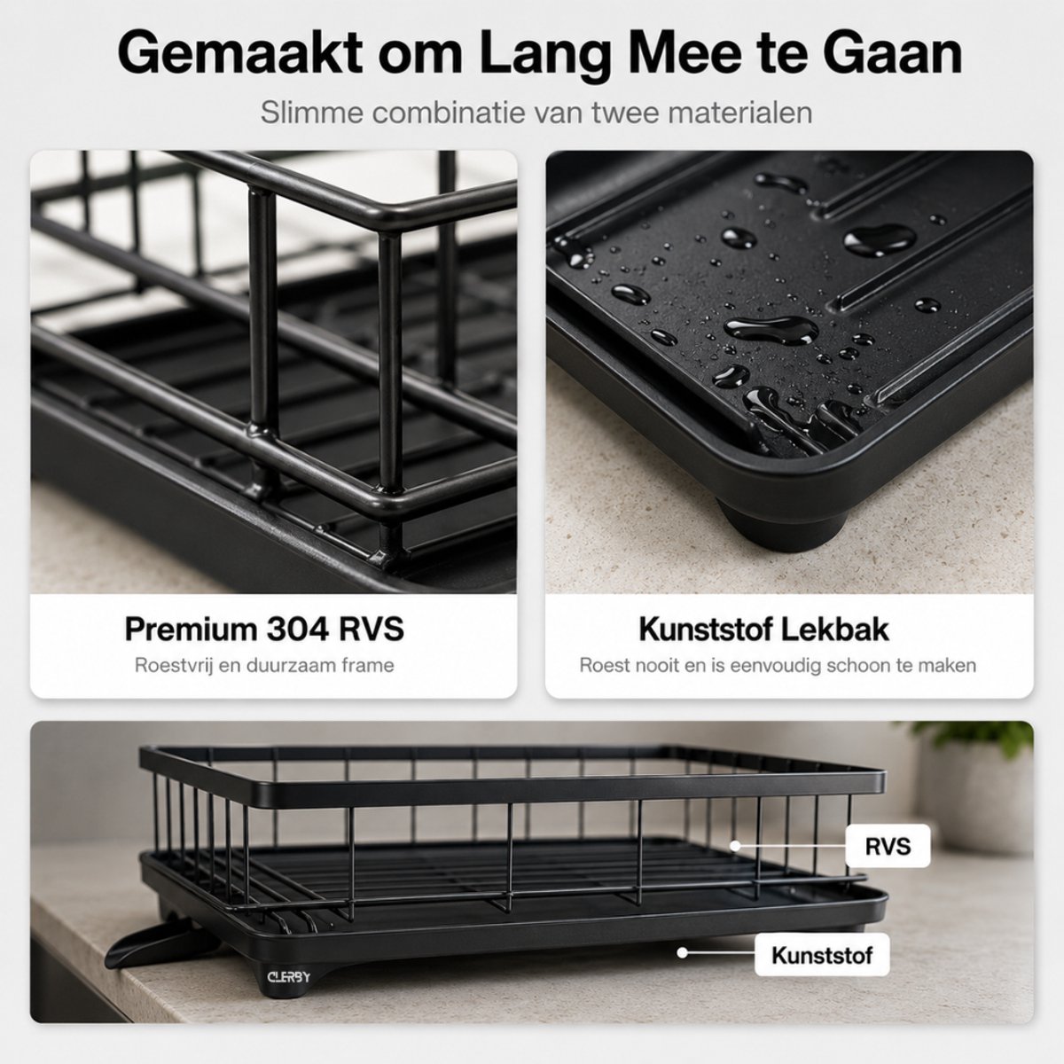 Details van een zwart afdruiprek van RVS met kunststof lekbak, roestvrij en lekvrij.