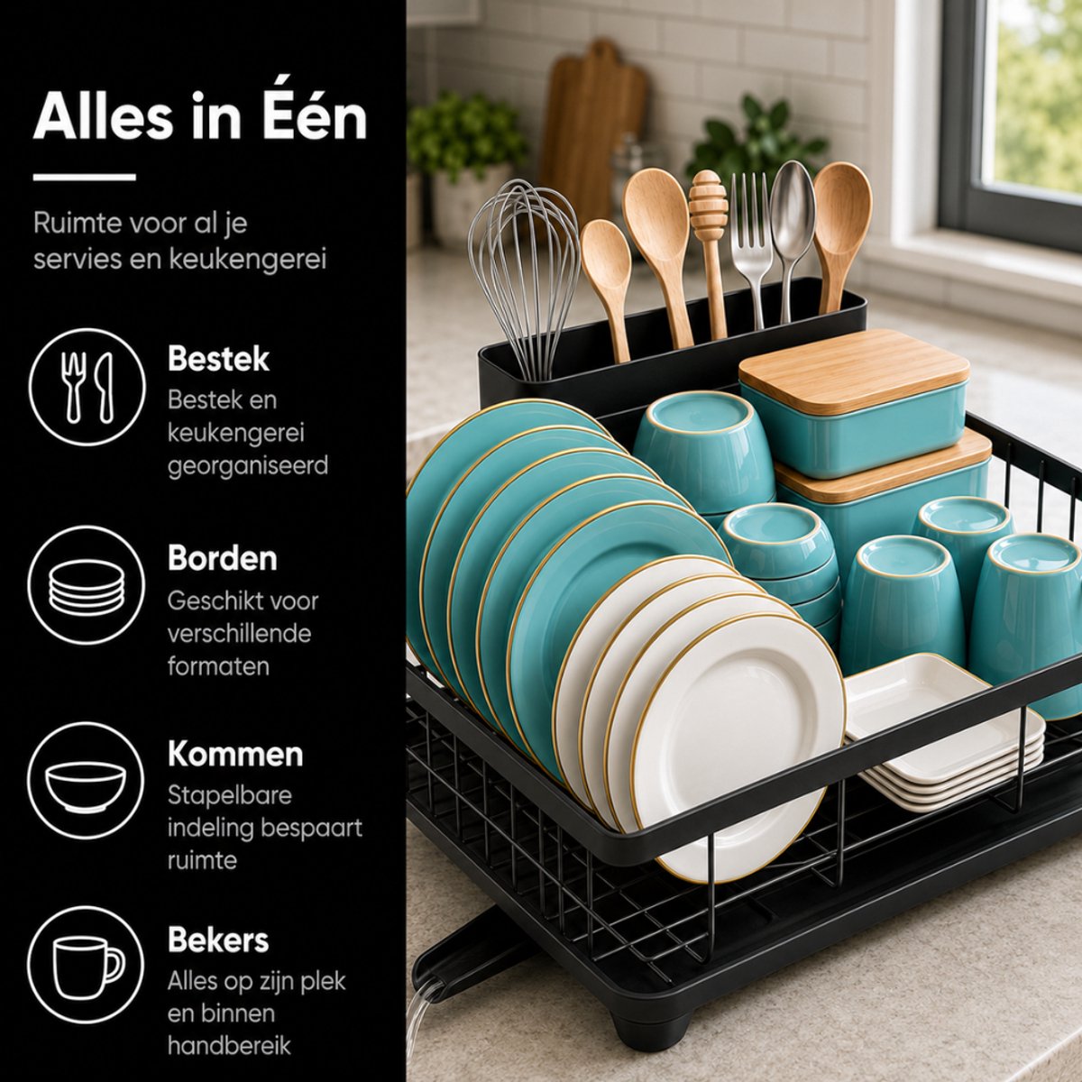 Zwart afdruiprek gevuld met turquoise borden, witte borden, turquoise kopjes, bamboe bakjes en keukengerei.