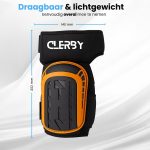 Zwarte kniebeschermer met oranje versteviging en 'CLERBY'-logo, met afmetingen 140 mm breed en 200 mm lang.