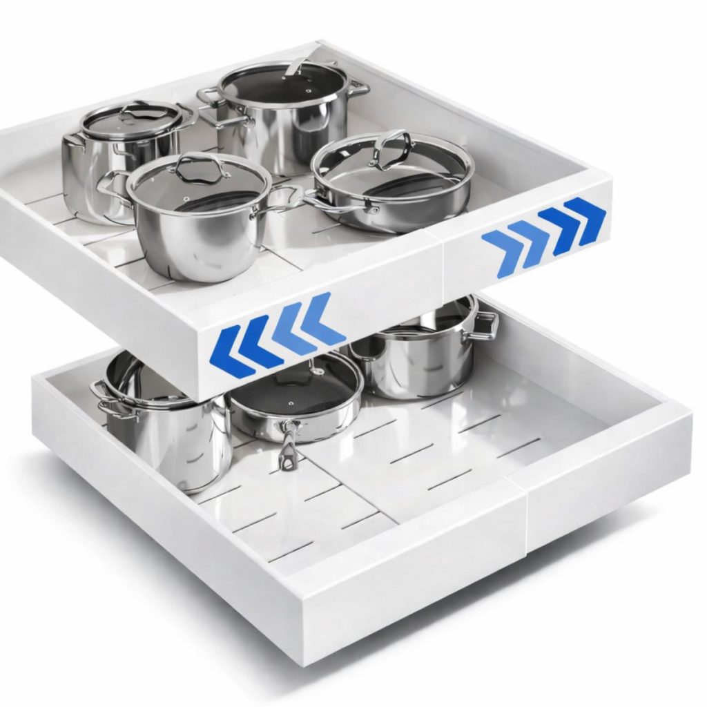 Twee witte schuiflades met kookpotten en blauwe pijlen