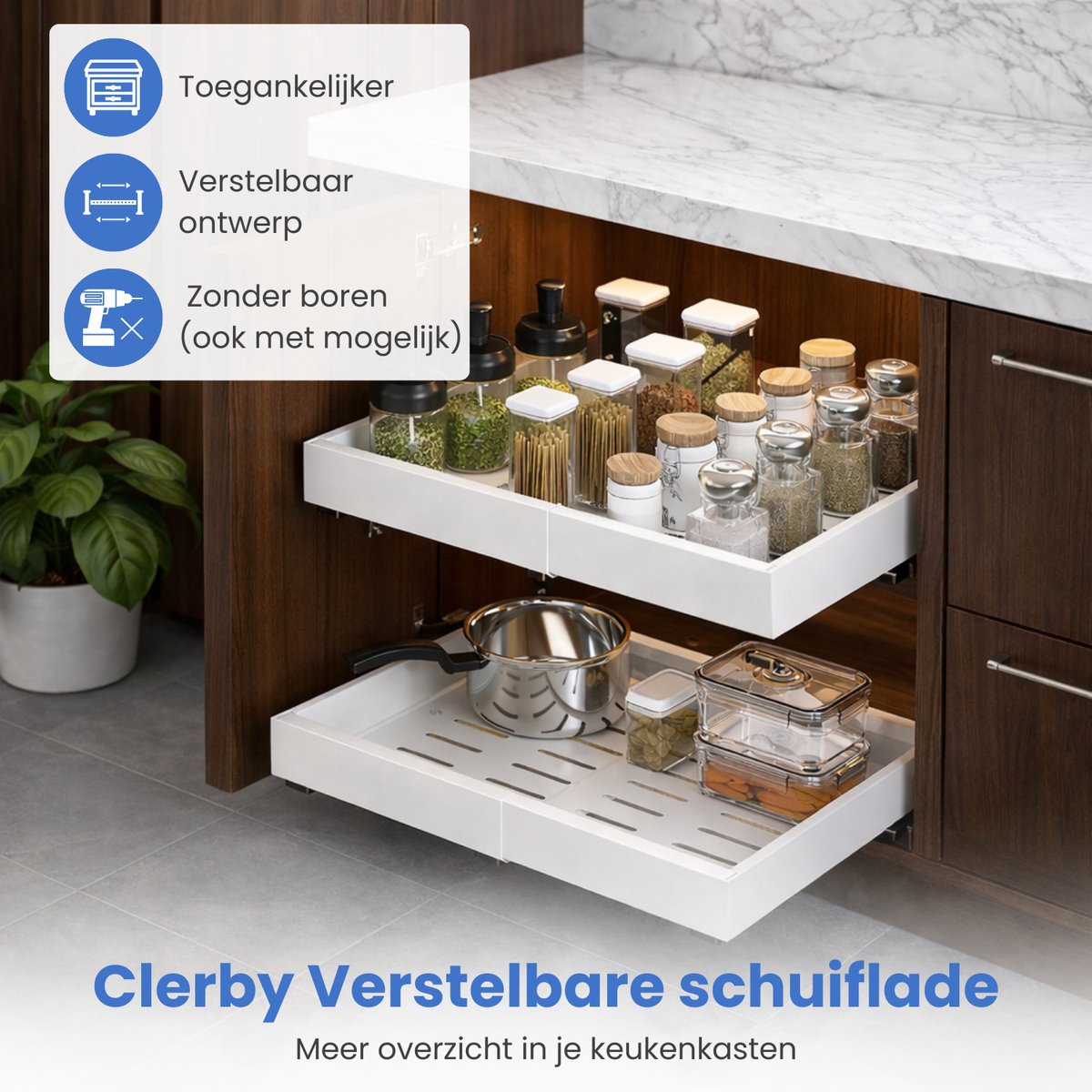 Clerby verstelbare schuiflade met kruidenpotjes en kookgerei in een keukenkast